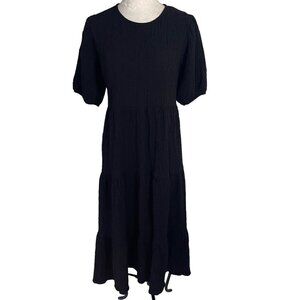 Desigual Womens Dress Size XL Black Woven Back Neckline Puff Sleeve Midi New